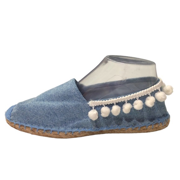 DOPPIO Italy Womens Flats 8 Blue Crochet Denim Cream Pom Pom Espadrilles Slip On - Picture 5 of 10